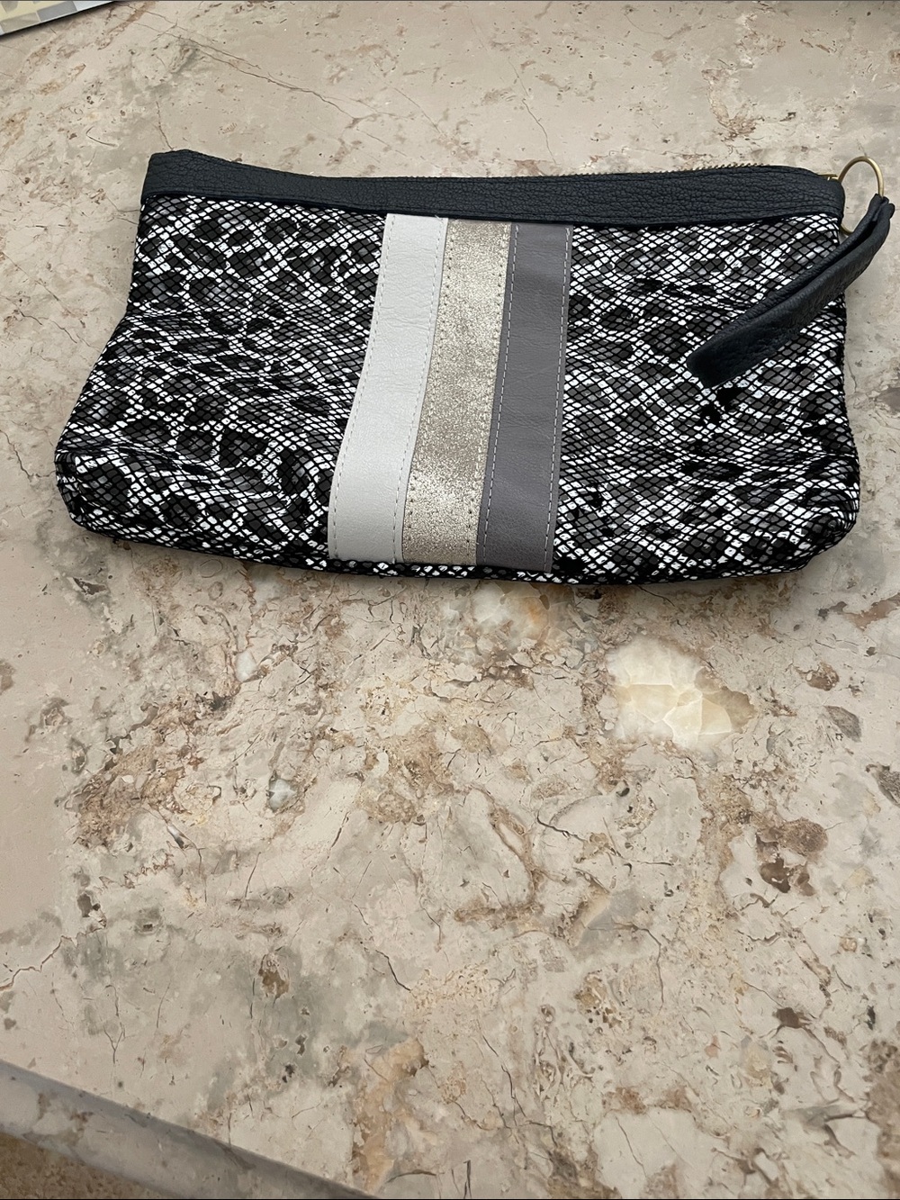 Black & White Snake Print Wristlet Clutch with Metallic Stripes Handmade - Picture 2 of 2